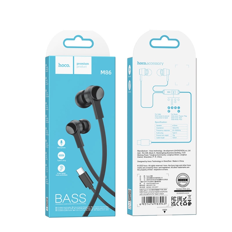 Hoco M86 Ocean universal digital earphones with microphone for Type-C black